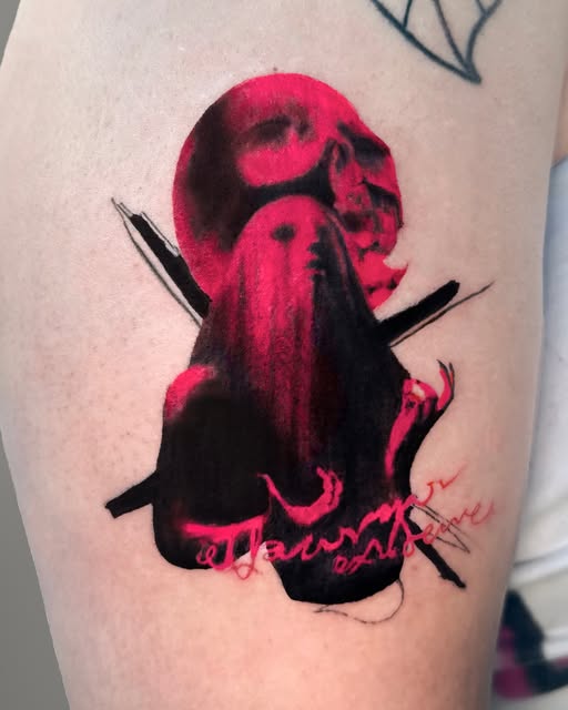 Doubled Figure — tattoo in crimson and black