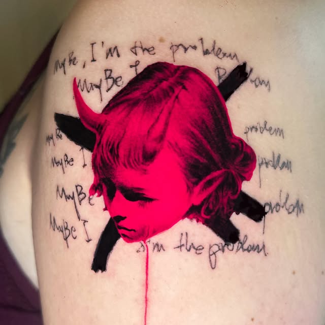 Annotated Portrait — tattoo in crimson and black