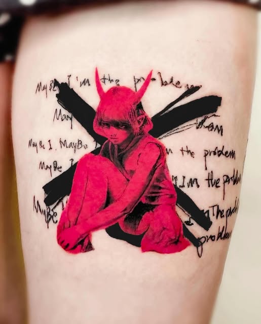 Horned Figure — tattoo in crimson and black