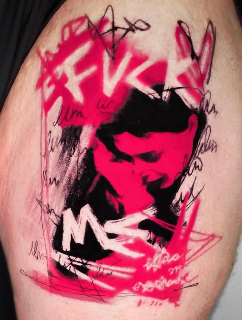 Interrupted Portrait — tattoo in crimson and black